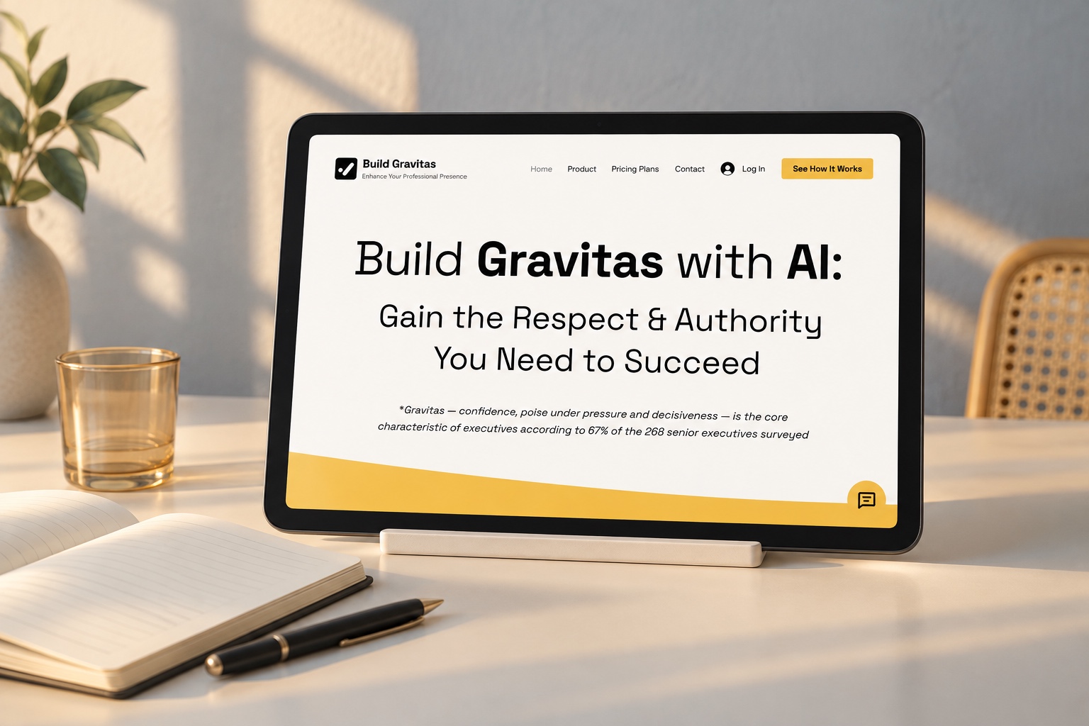 The actual Build Gravitas concept website on a tablet beside a notebook