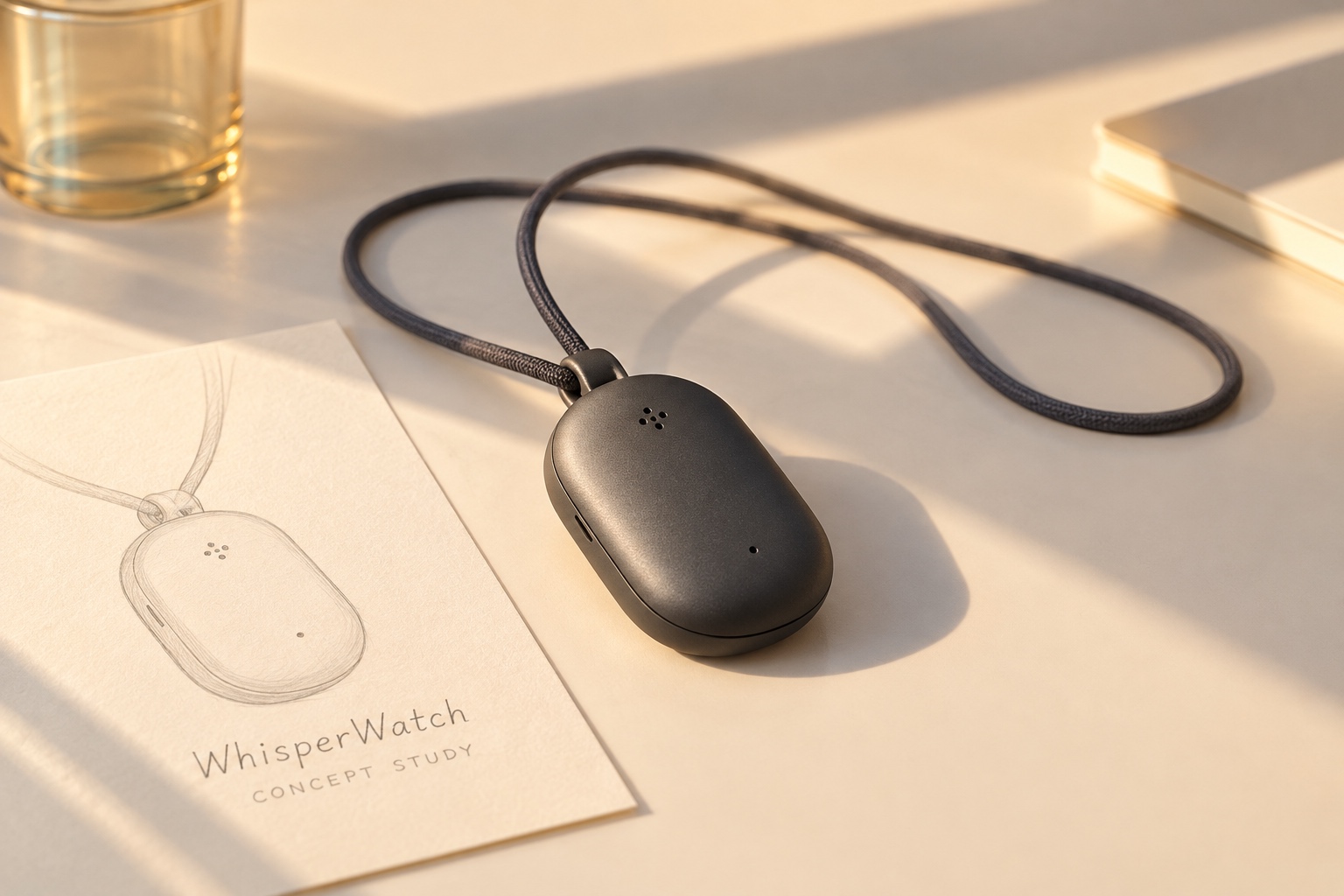 A concept study of the neck-worn WhisperWatch pendant beside a pencil design sketch